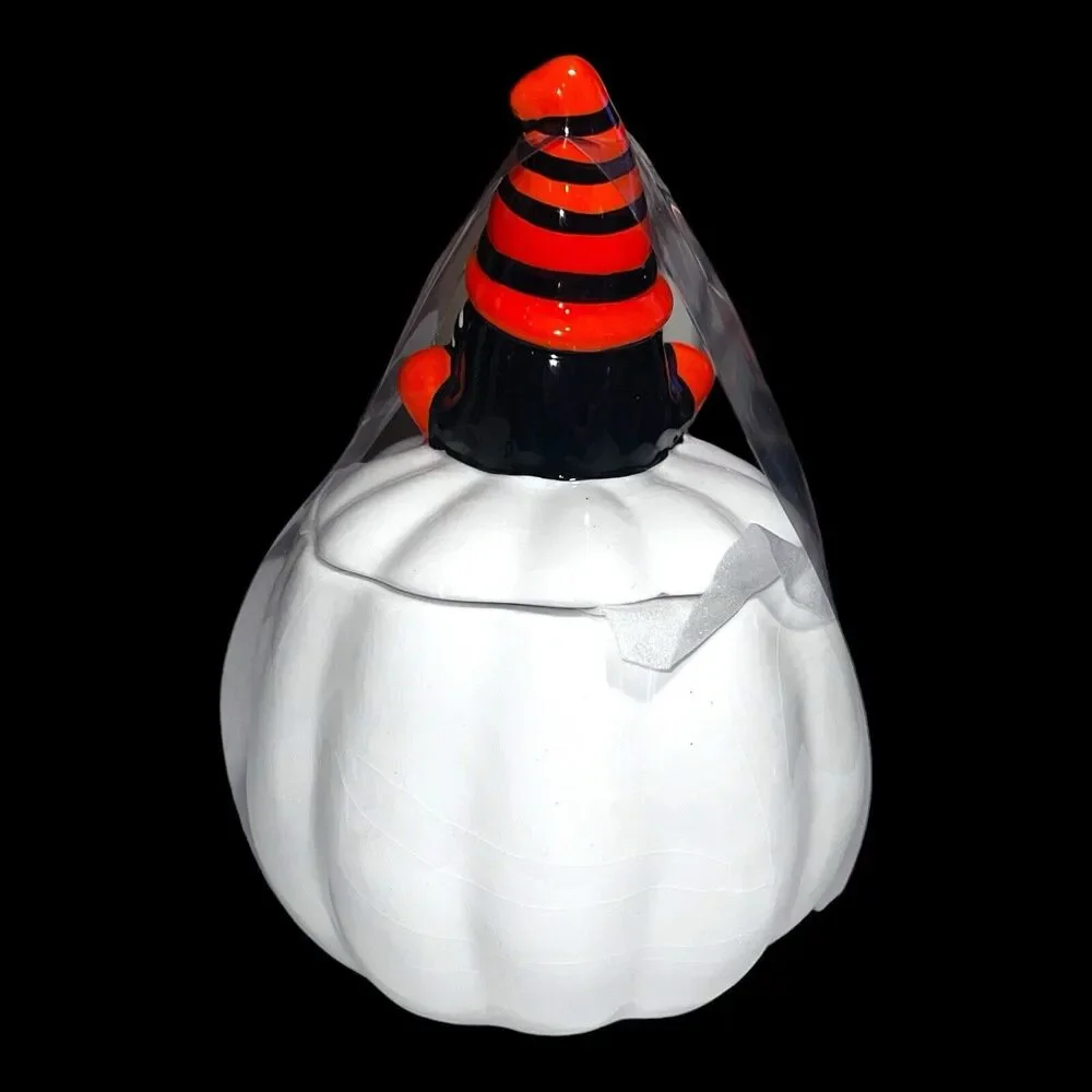 Haunted Manor Gnome On White Pumpkin Jack O Lantern Canister Cookie Candy Jar